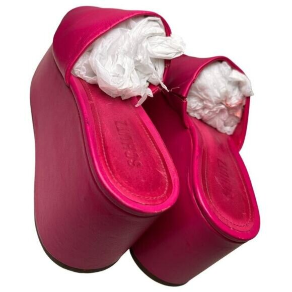 Schutz Hot Pink Leather Platform Wedge Sandals Sz 7.5 Barbie Y2K Chunky Festival - Picture 6 of 16